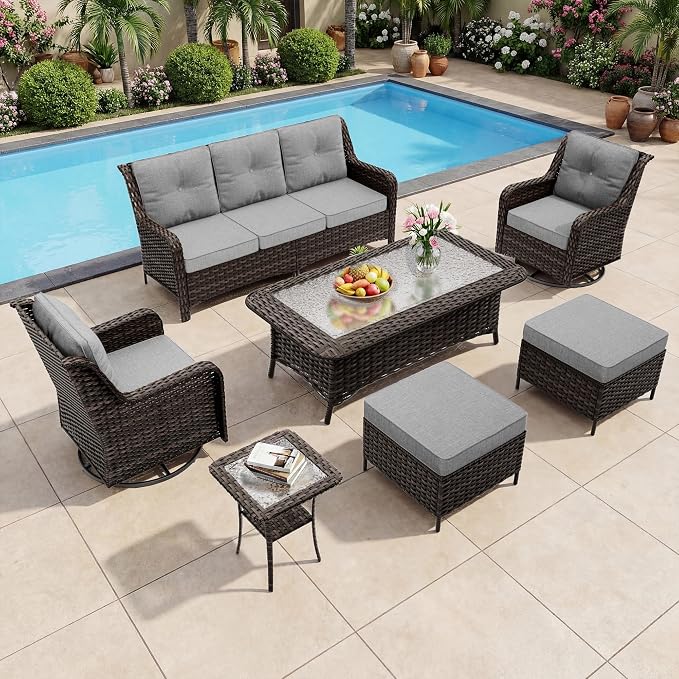 Outdoor Patio Furniture Set,7 Pieces 7 Seats Outdoor Sectional Furniture All Weather Thick PE Rattan Wicker Patio Conversation Set with Ottoman & Coffee Table,Swivel Rocking Chairs Set,Grey