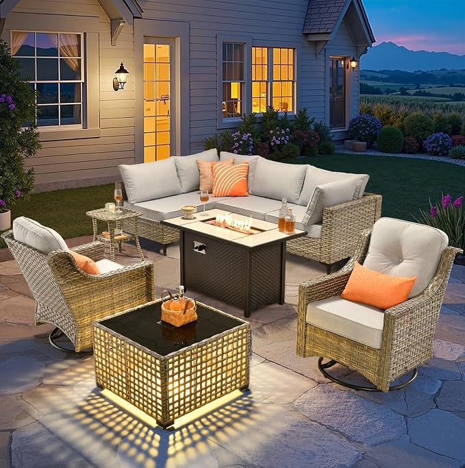 CAODOC 9-Piece Outdoor Sectional Sofa Set w/ 42" Fire Pit – L-Shaped Wicker Patio Furniture, Deep Seating & Swivel Rockers,Gray