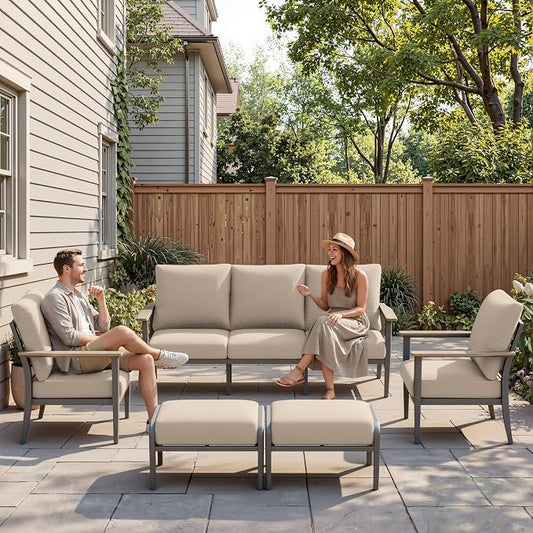 Aluminum Outdoor Patio Furniture Set, 5-Piece Outdoor Sofa with 5.1" Thick Cushions, Outdoor Couch with Ottomans, for Balcony, Porch, Khaki