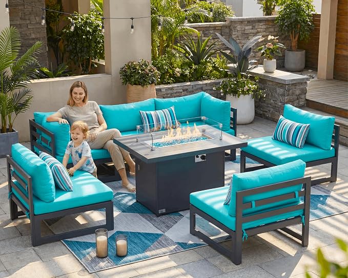 RADIATA 6 Person Large Modern Aluminum Outdoor Patio Furniture Set with Fireplace, 29" Wide Deep Seating, L Shaped Combo Sectional Couch, Water Resistant Conversation Set for Backyard Terrace, Teal
