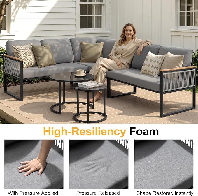 7-Piece L-Shaped Patio Conversation Sets, Hand-Woven Wicker Outdoor Sectional Sofa with Glass Nesting Coffee Table, Weather-Resistant Frame, Removable Cushion for Deck, Porch, Backyard (Gray)
