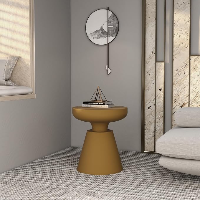 LeisureMod Minimalist Modern Side Table Round Fiberstone Tabletop Pedestal Base, Accent Table for Home Patio Living Room Weather-Resistant Isle, Brown
