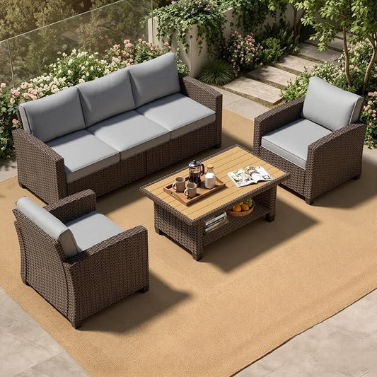 Patio Furniture Set - All-Weather - 4 Piece Wicker Outdoor Patio Conversation Set, Modular Rattan Sectional Sofa for Backyard, Garden, Patio, Poolside