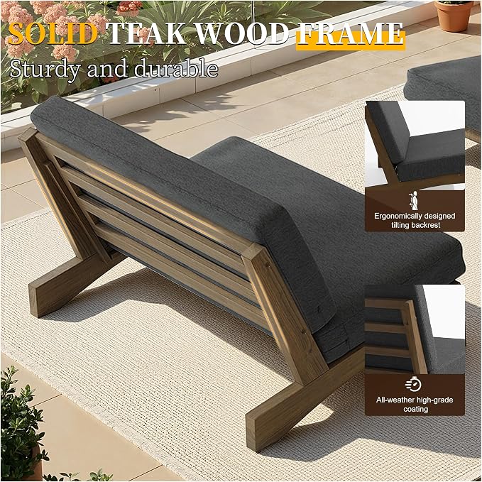 Outdoor Furniture Patio Couch, Weather Resistant Patio Loveseat Sofa Couch with Removable Cushion, Teak Wood Frame for Porch & Backyard Seating - Dark Gray