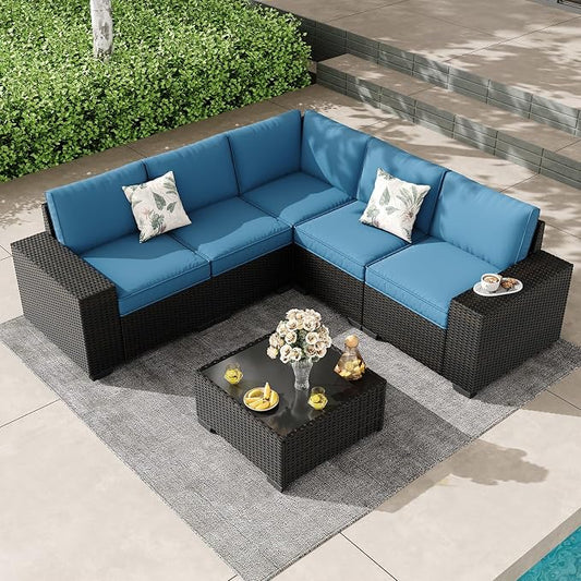 Patio Furniture Set, 6 Pieces Outdoor Couch Sofa with Wider Armrests & Glass Coffee Table, Outdoor Sectional Furniture with Thick Cushions for Party, Poolside,Garden-Peacock