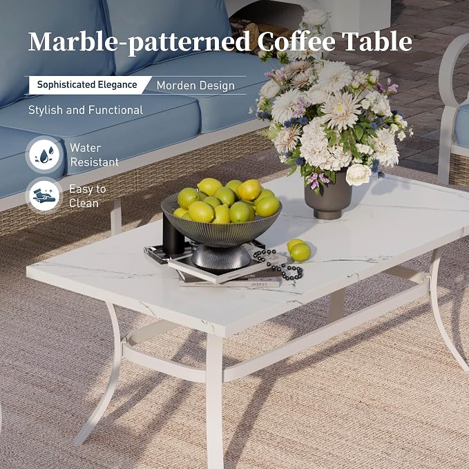 SUNSHINE VALLEY 4 PCS Metal Outdoor Patio Furniture Set, Patio Conversation Sets 1 3-seater Sofa, 2 Rocking Chairs with 5.75" Extra Thick Cushion and Coffee Table, White Frame Backyard Furniture, Blue