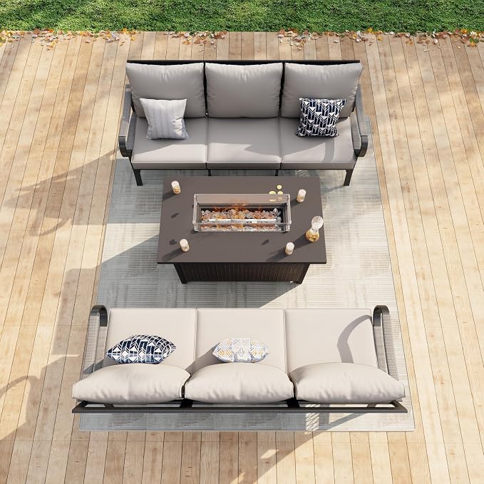 3 Pieces Patio Furniture Set, Metal Outdoor Conversation Sets with Fire Pit Table for Backyard Garden Deck Porch Poolside (Thick Beige Cushions)