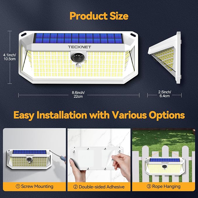 TECKNET 416 LED Solar Powered Outdoor Lights Motion Sensor Security Lights | 300° Wide Angle,3 Lighting Modes,Waterproof Solar Lights 4 Pack Cold White for Fence,Garden,Yard,Door and Outdoor Areas