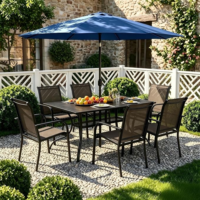 Crownland 7 Piece Patio Dining Set, Outdoor Textilene Dining Sets, 6 Textilene Metal Chairs and Rectangular Outdoor Dining Table with Dark Blue 9FT Round Outdoor Umbrella (Brown)