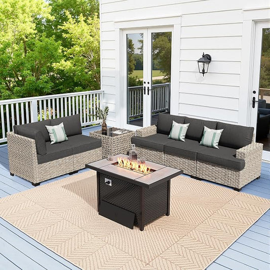 Weaxty 7 Pieces Wide Seats Outdoor Furniture Set, L Shape Sectional Couch Ottoman Fire Pit Solar Table, Thick Cushion All-Weather Rattan Patio Conversation Sets for Backyard Porch Deck, Black