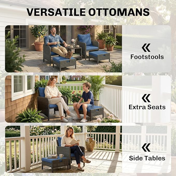 Outsunny 5 Piece Patio Furniture Set, Wicker Balcony Furniture with 23.6" Wide Deep Seat, 2 Ottomans, Glass Coffee Table, Cushions, Rattan Outdoor Conversation Patio Set for Garden Porch, Navy Blue