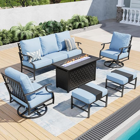 SUNSHINE VALLEY 6 Piece Metal Outdoor Patio Furniture Set with Firepit Table, Patio Conversation Set 1 3-seater Sofa, 2 Swivel Chair, 2 Ottoman with 5.75" Thick Cushion, Black Backyard Furniture, Blue