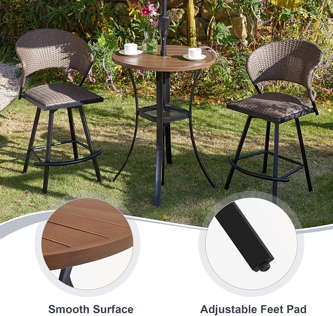 VICLLAX Patio Bar Height Table, Round Outdoor Bar Table with Umbrella Hole, 27.6" Walnut