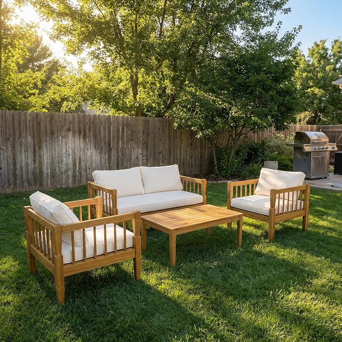 KLMM 4-Piece Patio Furniture Set,Outdoor Furniture with Coffee Table,Patio Conversation Set,Deep Seating with Thick Cushion,for Backyard Porch Balcony (Teak Finish-PF)