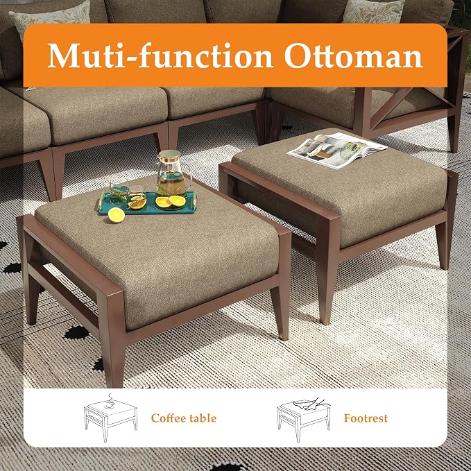 Aluminum Outdoor Patio Furniture Set with Swivel Chairs, 11-Piece Outdoor Sectional with 5.2" Thick Cushions, Patio Conversation Sets with Ottomans for Backyard,(Brown,8 Seats)