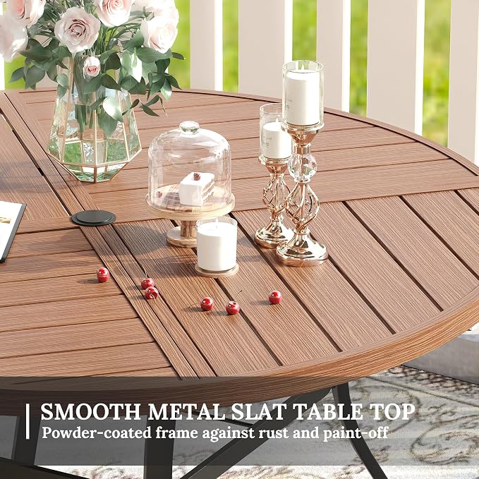 VICLLAX Patio Dining Set for 6, 6 Seats Outdoor Furniture Includes 50.1" Round Patio Table and Swivel Padded Chairs, Walnut Tabletop and Mixed Brown Fabric