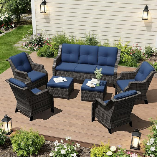 Outdoor Patio Furniture Set, 7 Piece Wicker Patio Furniture with Thick Cushions, Curved Armrest, Deep Seating, Outdoor Swivel Rocker Chairs for Porch, Deck, Balcony