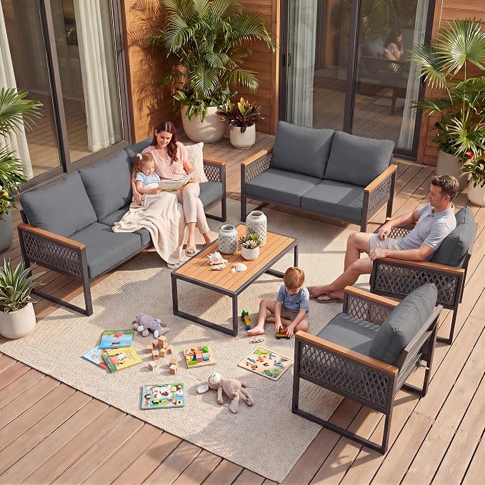 UPHA 5 Pieces Patio Furniture Set, Metal Outdoor Sectional Couch Set with Loveseat & 3-Seat Sofa, 2 Chairs, Coffee Table, Modern Patio Conversation Set for Porch Balcony Deck, 7 Seats, Gray