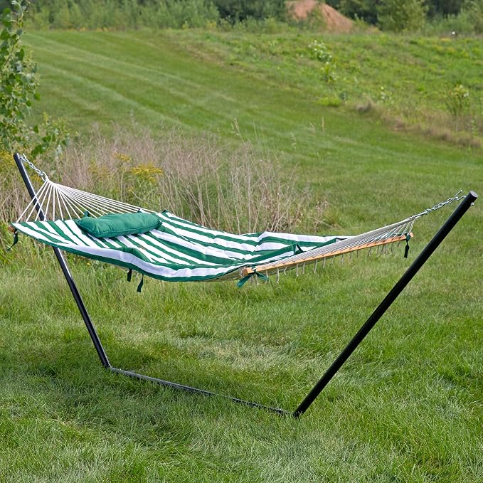 Sunnydaze Rope Double Hammock with Stand for Outside - Heavy Duty Freestanding Portable Outdoor Hammock Set with Quilted Pad, Pillow, and 12-Foot Steel Frame - 450 lb Capacity - Green & White Stripe
