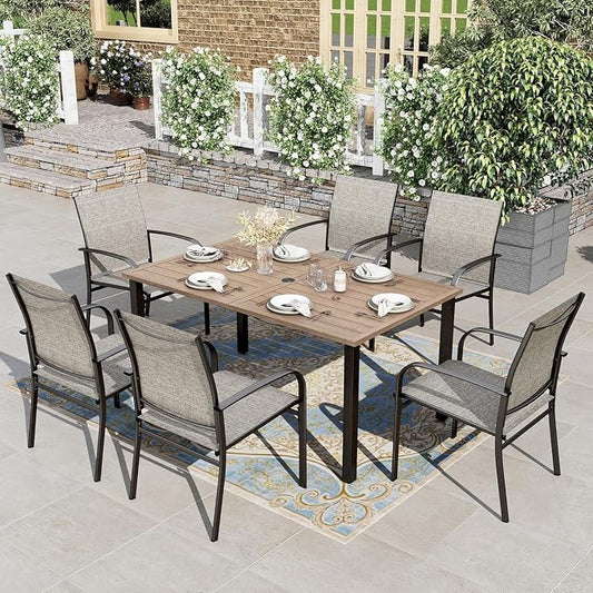 HERA'S HOUSE 7pc Patio Dining Set, Wood-Like Metal Table, 6 Brown Chairs | 60" rectangular table with umbrella hole. Waterproof, rust-resistant, all-weather for backyard, porch
