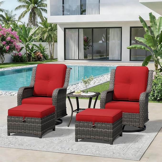 5 Piece Outdoor Wicker Patio Furniture Set, Outdoor Swivel Rocker Patio Chairs Set with Thickened Olefin Cushions, High Back and Deep Seating, Hand-Woven PE Rattan for Porch, Deck