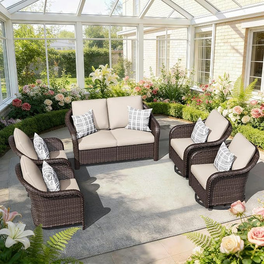 5 PCS Outdoor Conversation Set | 55" Couch, 2 Chairs, 2 Swivel Chairs, Patio Wicker Conversation Furniture with Removable Cushions for Bistro, Deck, Sunroom (Beige)