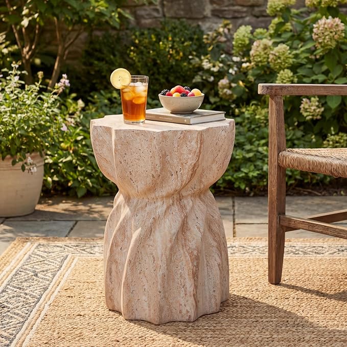 Christopher Knight Home Claire Outdoor Side Table with A Sunburst Tabletop and Hourglass Shape, Small Accent Table for Patio Balcony, Living Room End Table, Modern Backyard Furniture, Beige+Natural