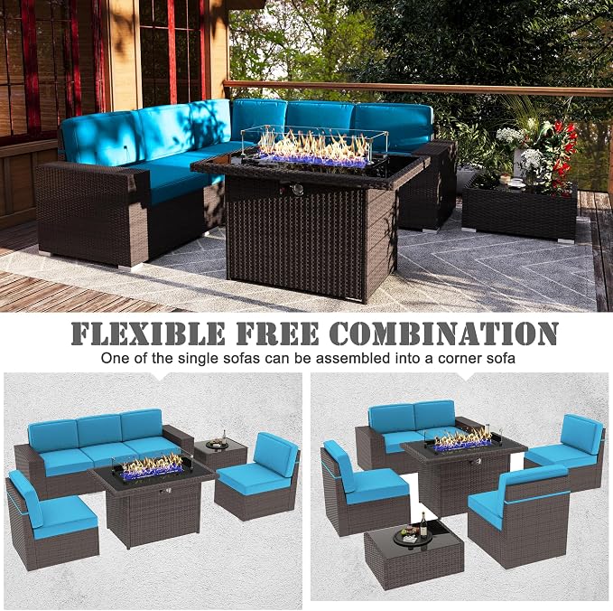 7 Pieces Patio Furniture Set with 44" Propane Gas Fire Pit Table, Outdoor Sectional Wicker Conversation Sofa Sets with Coffee Table