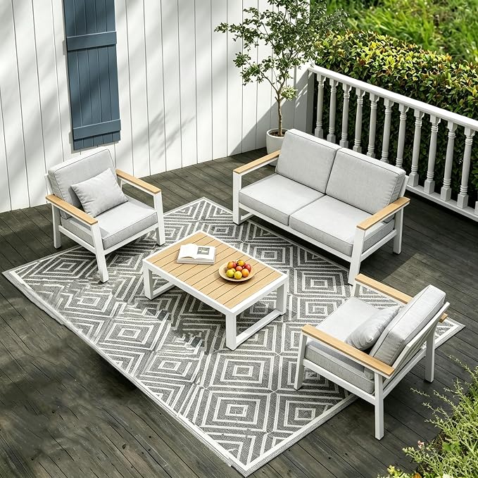 Aluminum Patio Furniture Set, Modern Metal Outdoor Conversation Sectional Sofa with Washable Thick Cushions, Coffee Table and Waterproof Cover (White, 1088-4seat)