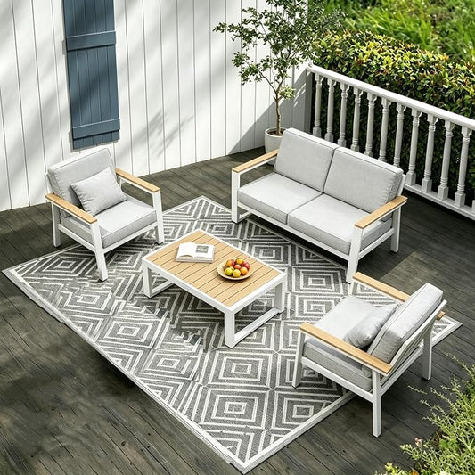 Aluminum Patio Furniture Set, Modern Metal Outdoor Conversation Sectional Sofa with Washable Thick Cushions, Coffee Table and Waterproof Cover (White, 1088-4seat)
