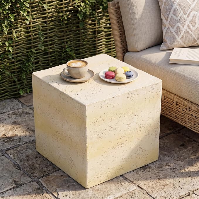 Square Outdoor Concrete Side Table,Patio End Table, Faux Travertine Stone Accent Table with for Indoor Outdoor, Garden Stool Coffee Table for Patio, Garden, Backyard - 16.34" Light Tan MgO