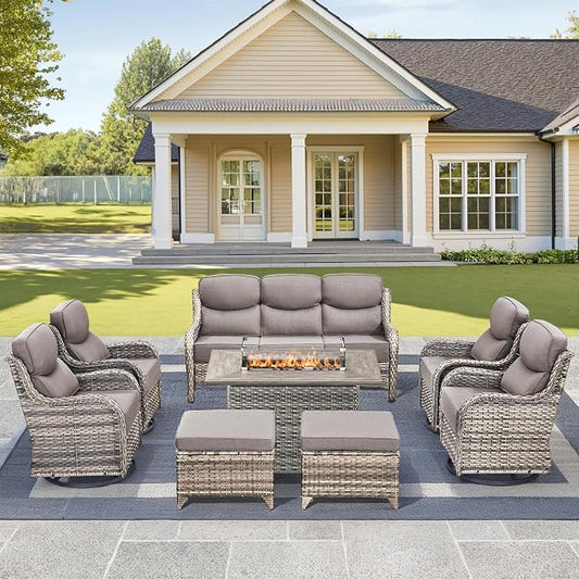 Luxury High Back Outdoor Furniture 6-Inch Thick Cushions with 50,000 BTU Gas Propane Fire Pit Tablet, Patio Furniture Set with Swivel Chairs, 8 PCS for Porch, Balcony, Deck and Yard