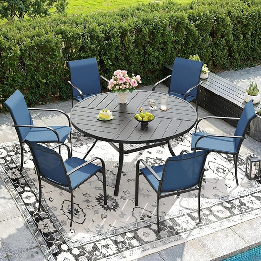 DIFY Patio Dining Set for 6, 7 Piece Outdoor Table and Chairs Set, 47.2" Black Round Metal Patio Dining Table and 6 Blue Textilene Stackable Patio Chairs, for Backyard Garden Poolside