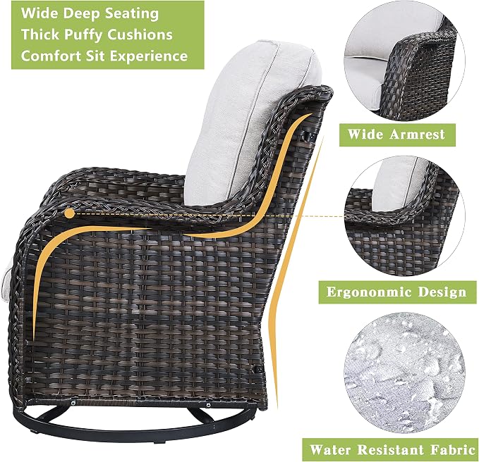 Rilyson Luxury 4 Pieces Patio Wicker Furniture Set, Outdoor Rattan Bistro Set with Rocking Swivel Chair, Ottoman and Thickened Cushions (Brown/Beige)