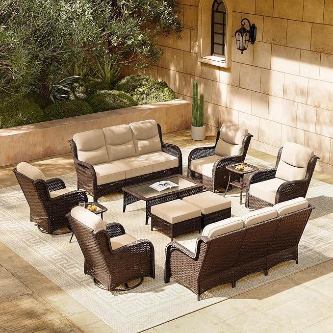 HILLGA 11-Piece Luxury Patio Furniture Set with 6" Thick Cushions, Weather-Resistant Wicker High Back Swivel Rocker Chairs, Senior-Friendly Outdoor Sofa Set for Large Deck, Yard and Poolside,Beige(V2)