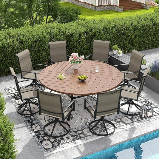 DIFY 9 Piece Outdoor Dining Set, Metal Patio Table and Chairs Set, 63" Walnut Round Dining Table & 8 Brown Padded Textilene Swivel Patio Chairs, Outdoor Furniture Set for Garden Backyard Porch