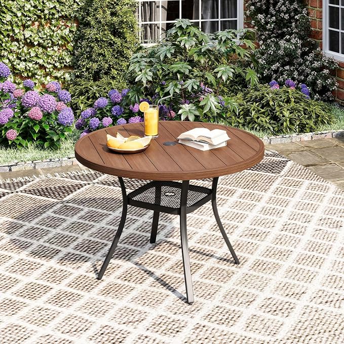 DIFY Patio Round Dining Table, 42" All Weather Round Outdoor Table with 1.57" Umbrella Hole for 4 Person, Perfect for Balcony Garden and Backyard, Walnut