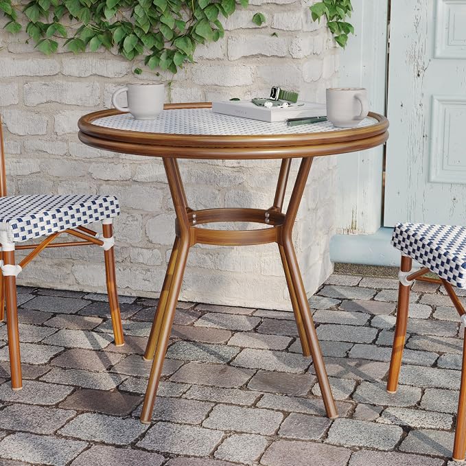 Flash Furniture Lourdes Indoor/Outdoor Commercial Bistro Table - Tempered Glass Top - PE Rattan - Natural Bamboo Print Aluminum Frame - 31.5" - White/Navy