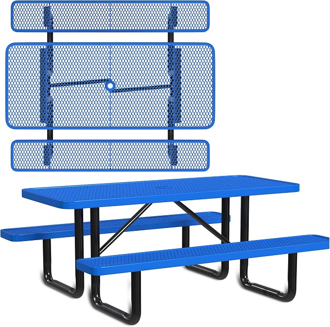 Leisure Craft Metal Picnic Table with Bench - 6 ft Rectangle Outdoor Dining Table for 6, Umbrella Hole, Weatherproof Heavy Duty Thermoplastic Coating, Commercial Grade Furniture Made in USA - Blue