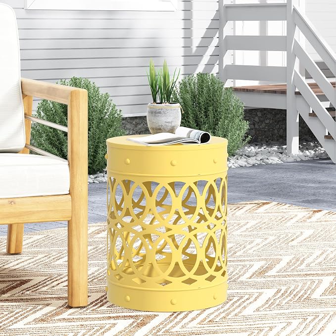 Outdoor Metal End Table Large, White Iron Side Table with Geometric Cut Design, Round Patio Accent Table No Assembly Required, Weather Resistant for Garden Balcony Porch (Yellow)