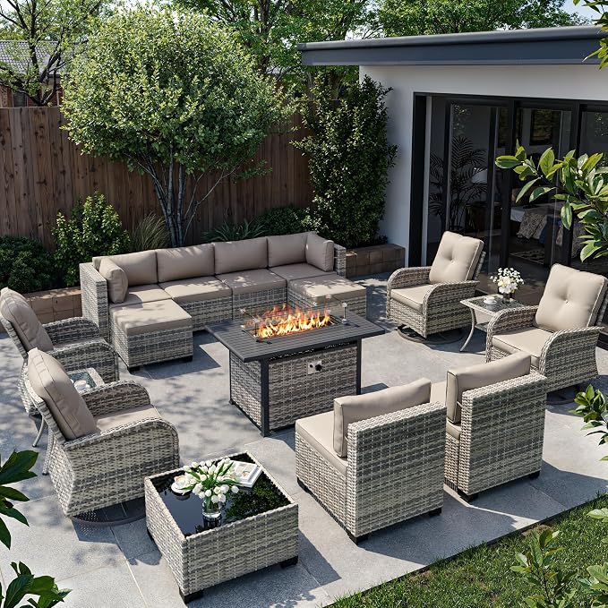 16-Piece Outdoor Patio Furniture Set with Rocking Swivel Chair, Wicker Rattan Sectional Sofa Conversation Set with 55,000 BTU Fire Pit Table with Ottomans, Backyard Furniture, Beige