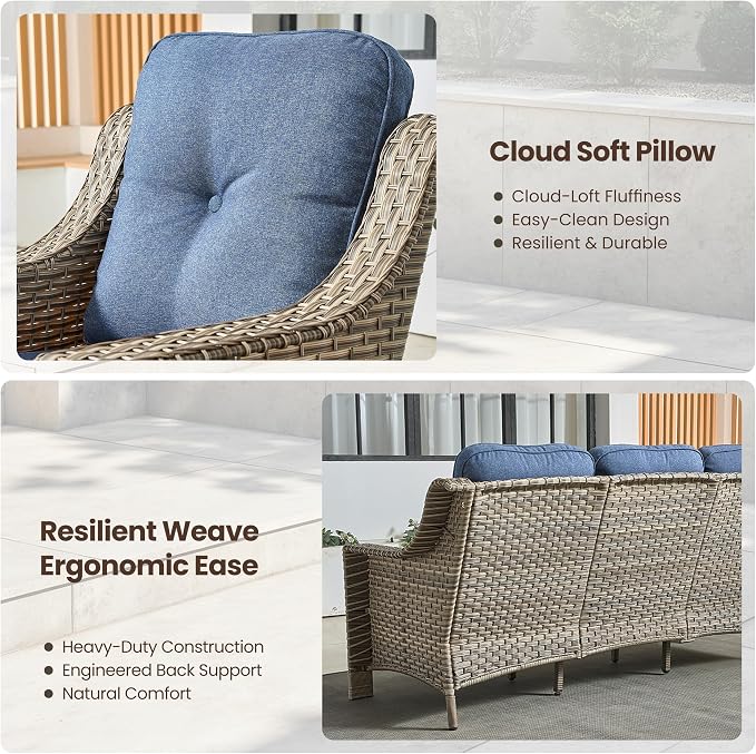 4 Piece Outdoor Patio Furniture Set, All Weather Waterproof Wicker High Back Conversation Set, Two Single Chairs, Solar Light Coffee Table, Outside Furniture for Porch Balcony, Diamond Blue
