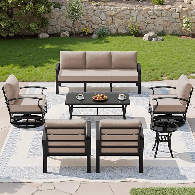 Kullavik Aluminum Patio Furniture Set,7 Piece Modern Metal Outdoor Patio Furniture w/5.1'' Thick Cushion,Swivel Chairs and Rectangular Coffee Table,Patio Conversation Sets for Porch,Deck,Sand