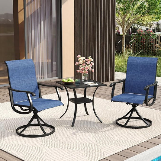 VICLLAX 3 Pieces Patio Dining Set for 2-28" Square Small Outdoor Table and 2 Patio Swivel Chairs for Lawn Garden, Black Tabletop and Blue Fabric