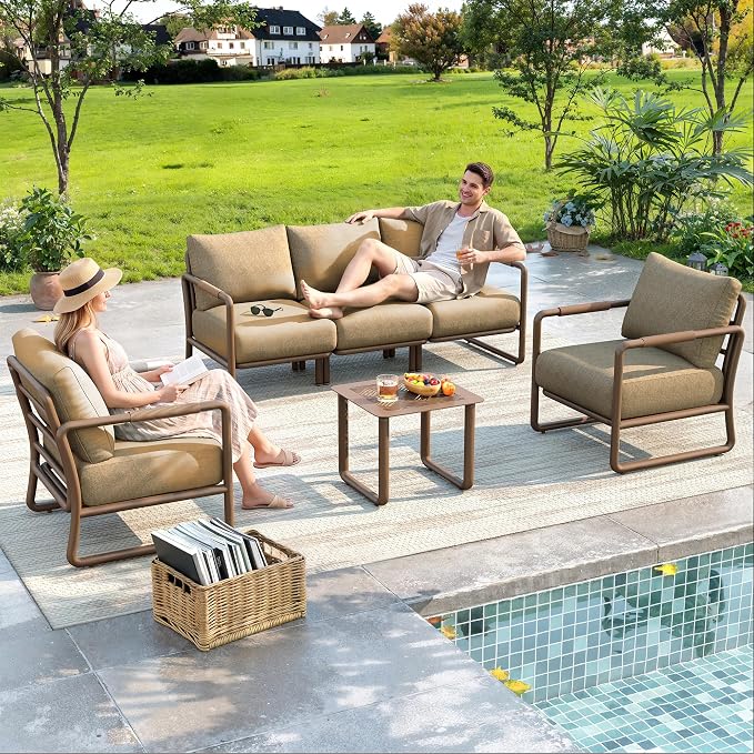 5-Seat Outdoor Aluminum Patio Sofa Set with Coffee Table, Deep Seating Conversation Set with 6.5" Cushions, Modern All-Weather Furniture for Garden, Balcony, Poolside, Brown