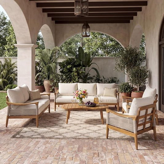 Christopher Knight Home Heidi Acacia Wood 5 Piece Patio Furniture Set 7-Seater Outdoor Loveseat, 3-Seater Sofa, Club Chairs and Coffee Table, Patio Conversation Set With Woven Rope Accents, Teak+Beige