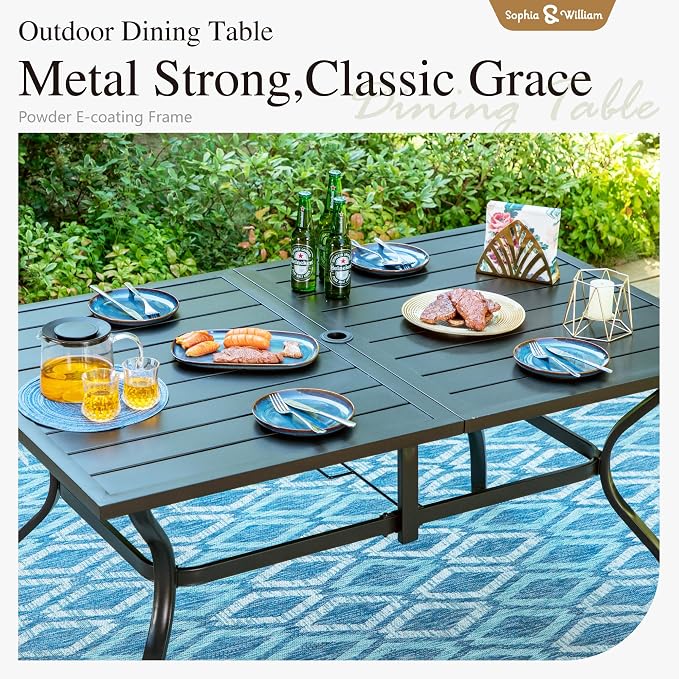 Sophia & William Patio Dining Set with 13ft Double-Sided Patio Umbrella, 8 Piece Metal Outdoor Table Furniture Set with 6 Chairs and 1 Rectangular Dining Table and 1 Large Orange Red Umbrella
