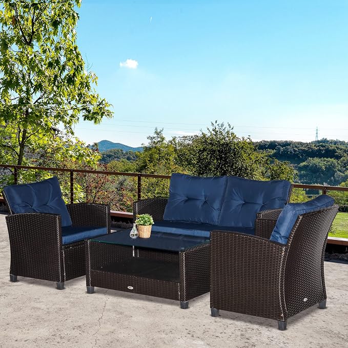 Outsunny 4 Pieces Patio Furniture Sets with Cushions, PE Rattan Wicker Conversation Chairs with Two-Tier Coffee Table for Backyard Porch Garden Poolside and Deck, Blue