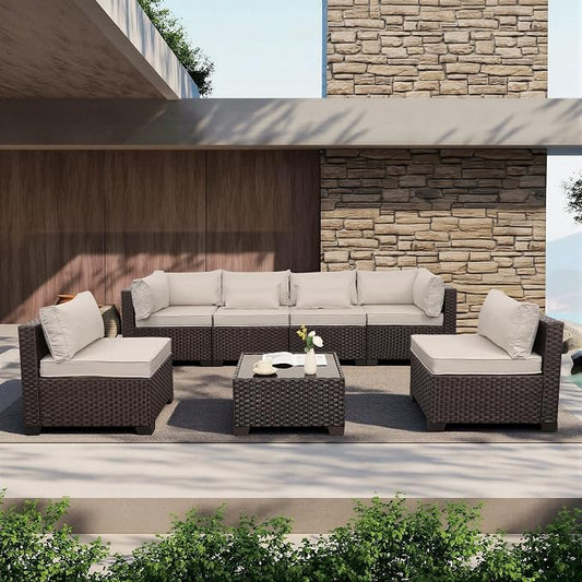 WAROOM Outdoor Patio Furniture Set 7 Pieces Wicker Sectional Sofa Brown Rattan Conversation Couch with Coffee Table, Anti-Slip Thick Beige Cushion