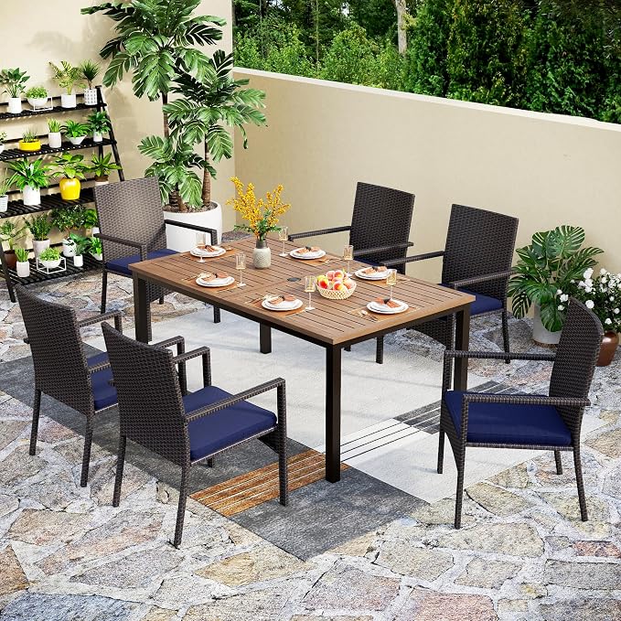 PHI VILLA 7 Piece Patio Dining Set, 64” Wood-Like Table, Rattan Chairs | Outdoor Dining Set for 6, Rectangular Table with Umbrella Hole, Wicker Chairs with Cushions for Patio, Deck, Porch